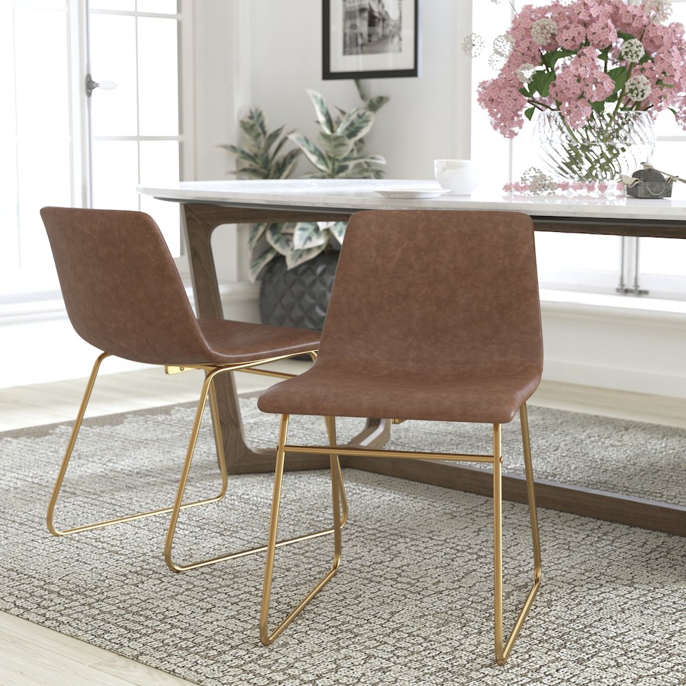 18 in Mid-Back Sled Base Dining Chair in Light Brown with Gold Frame, Set of 2. Picture 2