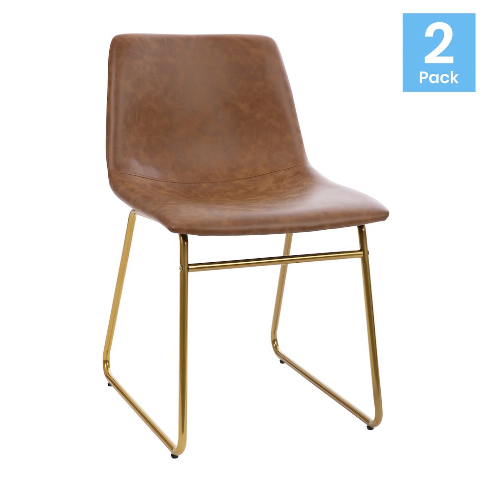 18 in Mid-Back Sled Base Dining Chair in Light Brown with Gold Frame, Set of 2. Picture 1