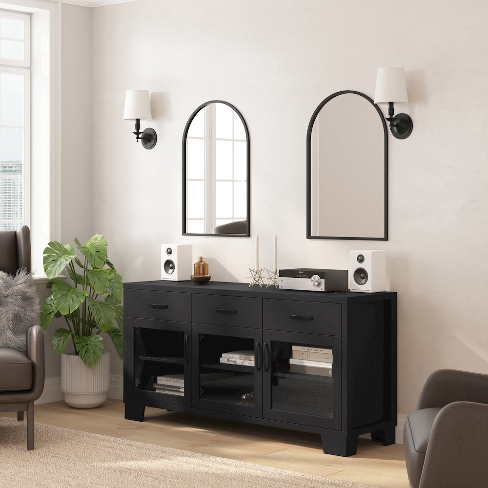 Black 59in Modern Kitchen and Dining Room Buffet Sideboard Storage Cabinet. Picture 6