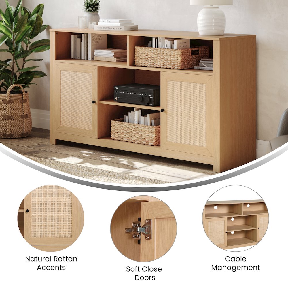 Modern 58 Inch Buffet Sideboard, TV Stand for up to 65" TV's, Natural/Rattan. Picture 2