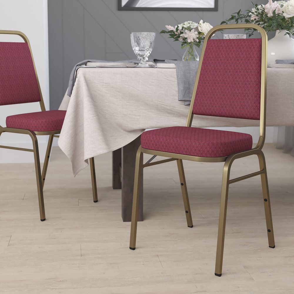 Trapezoidal Back Stacking Banquet Chair in Burgundy Fabric - Gold Frame. Picture 2