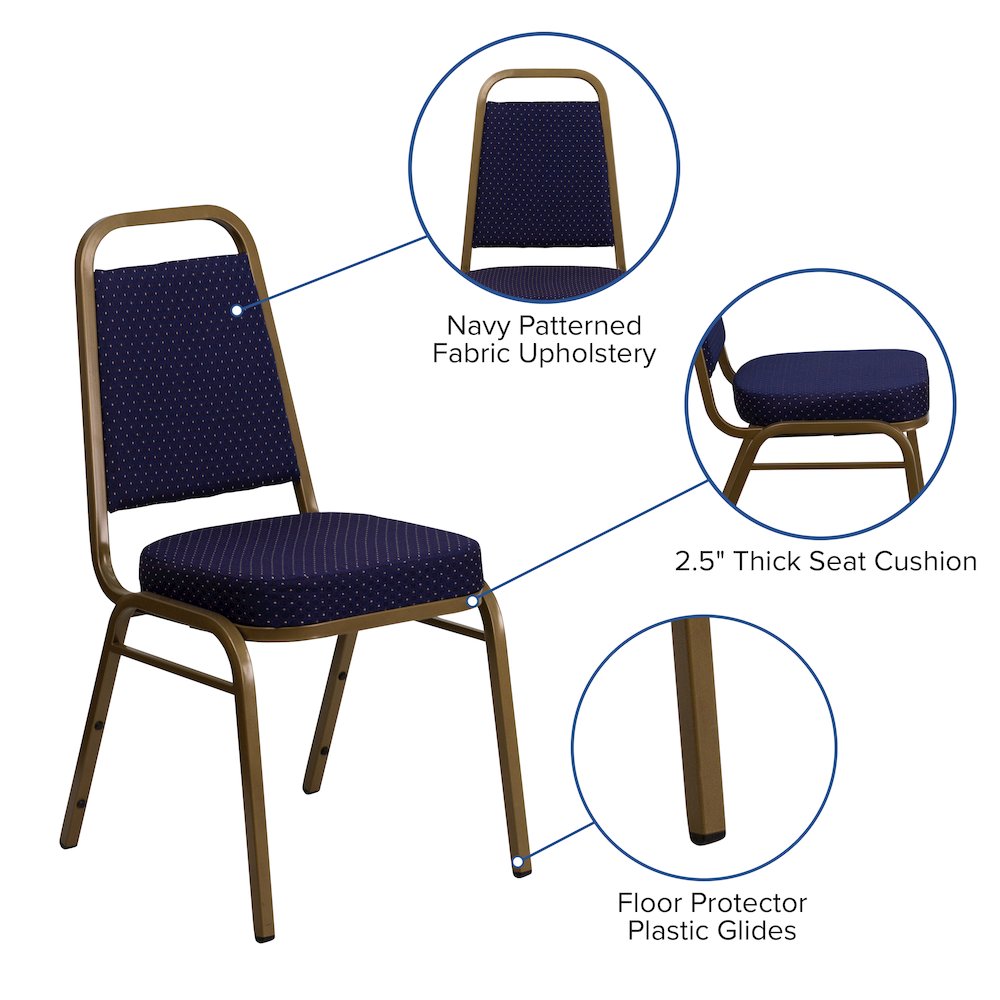 Trapezoidal Back Stacking Banquet Chair in Navy Patterned Fabric - Gold Frame. Picture 5