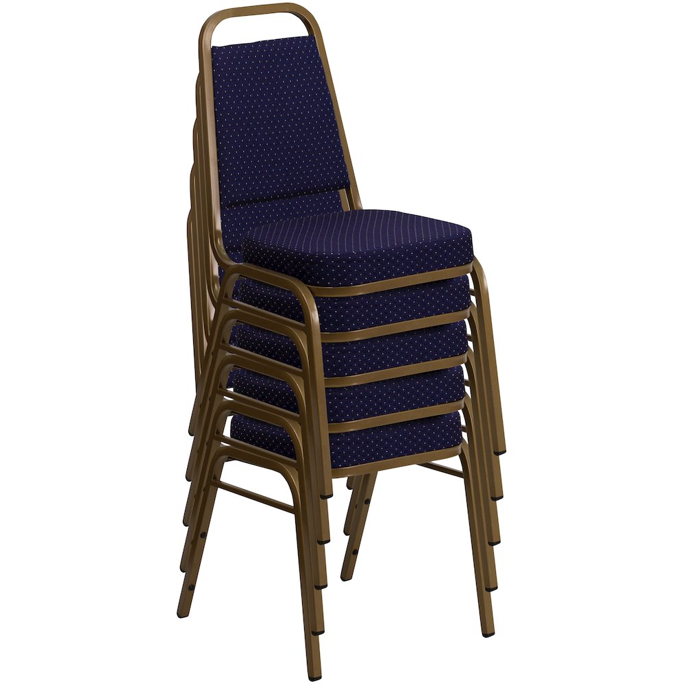 Trapezoidal Back Stacking Banquet Chair in Navy Patterned Fabric - Gold Frame. Picture 11