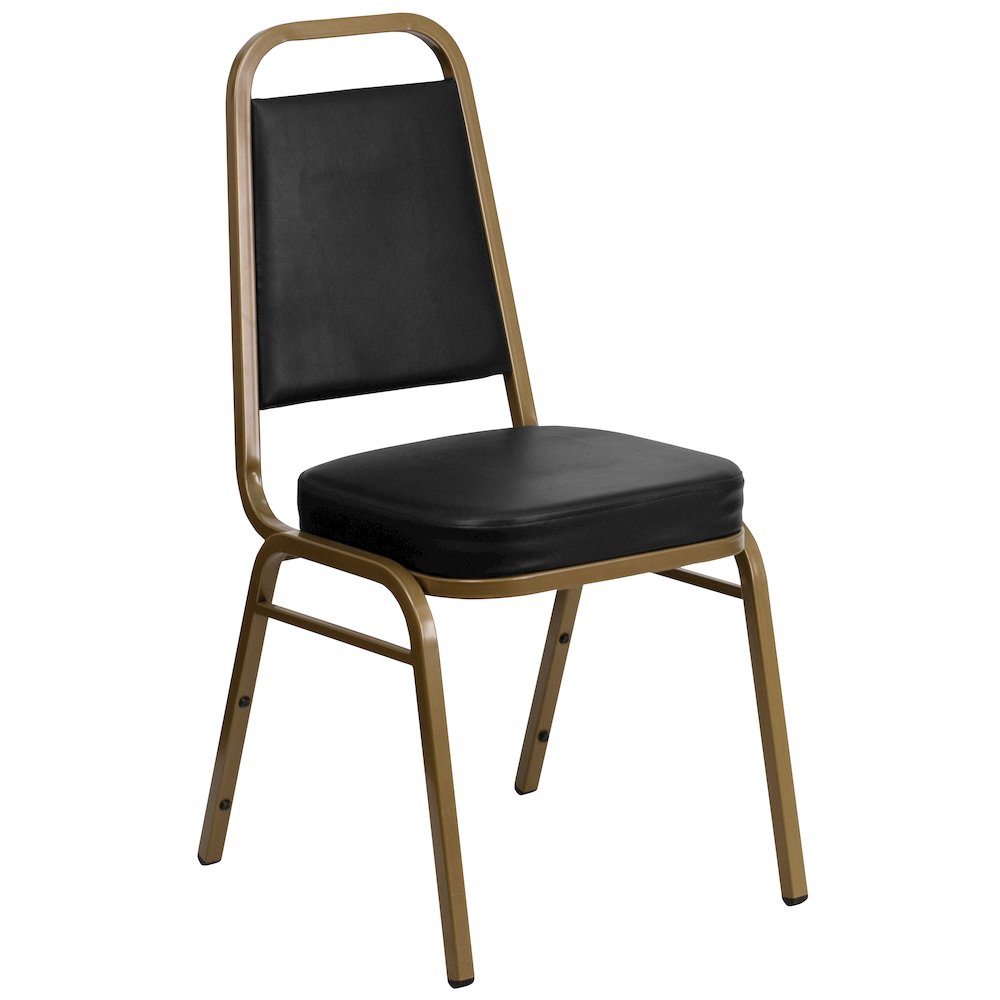 Trapezoidal Back Stacking Banquet Chair in Black Vinyl - Gold Frame. Picture 1