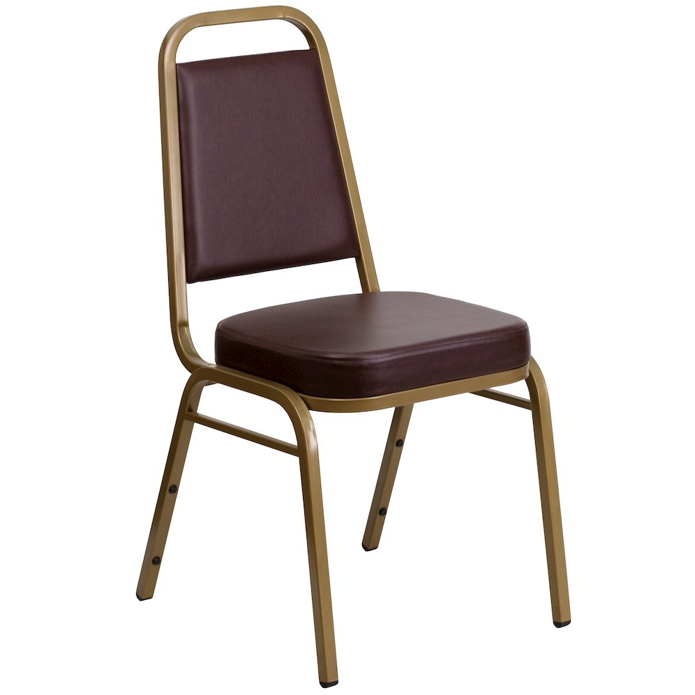 Trapezoidal Back Stacking Banquet Chair in Brown Vinyl - Gold Frame. Picture 1