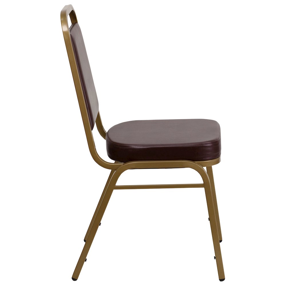 Trapezoidal Back Stacking Banquet Chair in Brown Vinyl - Gold Frame. Picture 8
