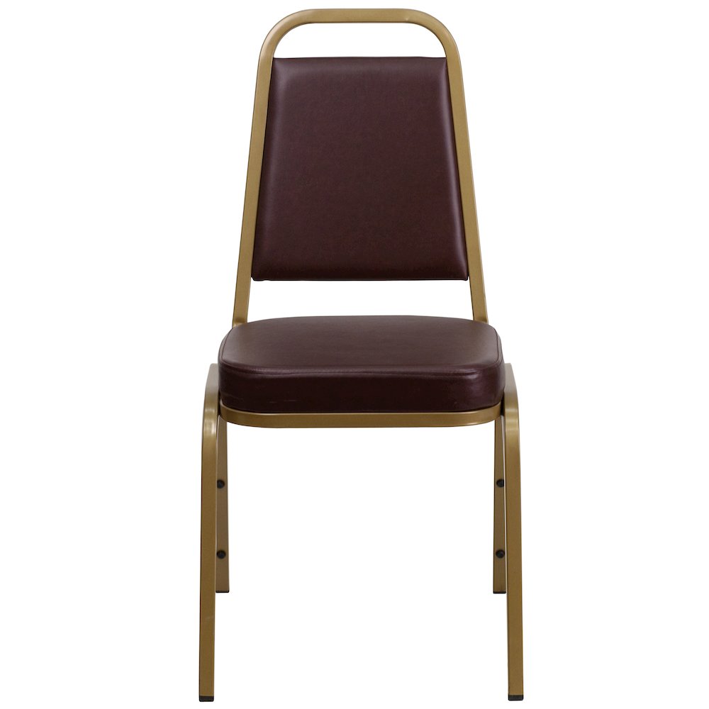 Trapezoidal Back Stacking Banquet Chair in Brown Vinyl - Gold Frame. Picture 9