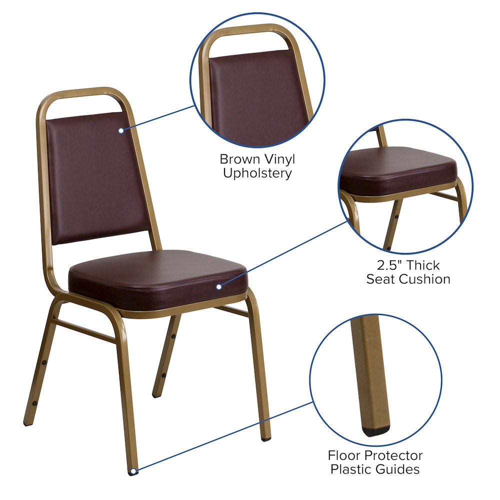 Trapezoidal Back Stacking Banquet Chair in Brown Vinyl - Gold Frame. Picture 4
