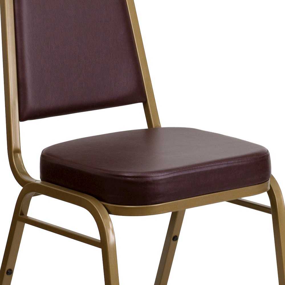 Trapezoidal Back Stacking Banquet Chair in Brown Vinyl - Gold Frame. Picture 11