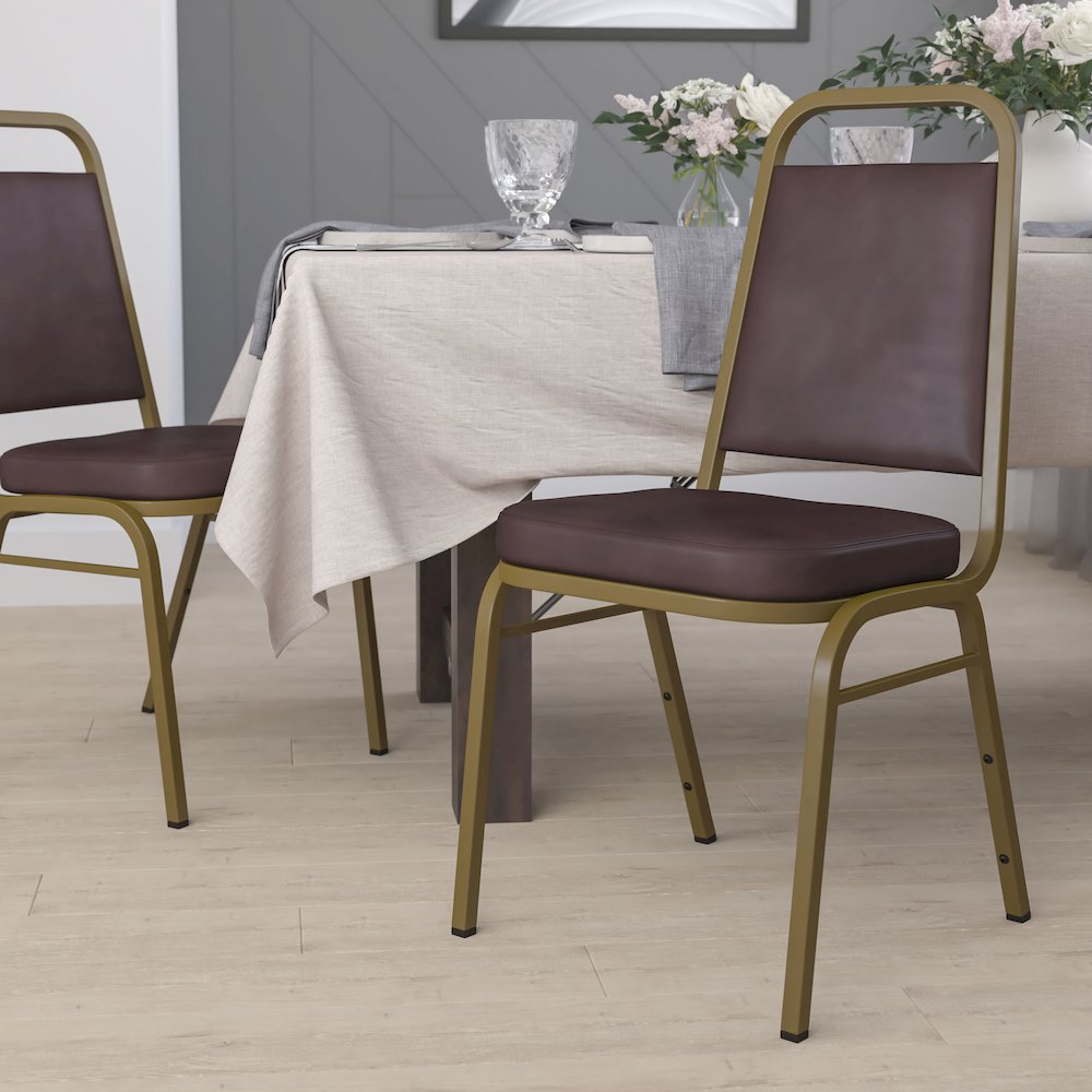 Trapezoidal Back Stacking Banquet Chair in Brown Vinyl - Gold Frame. Picture 2