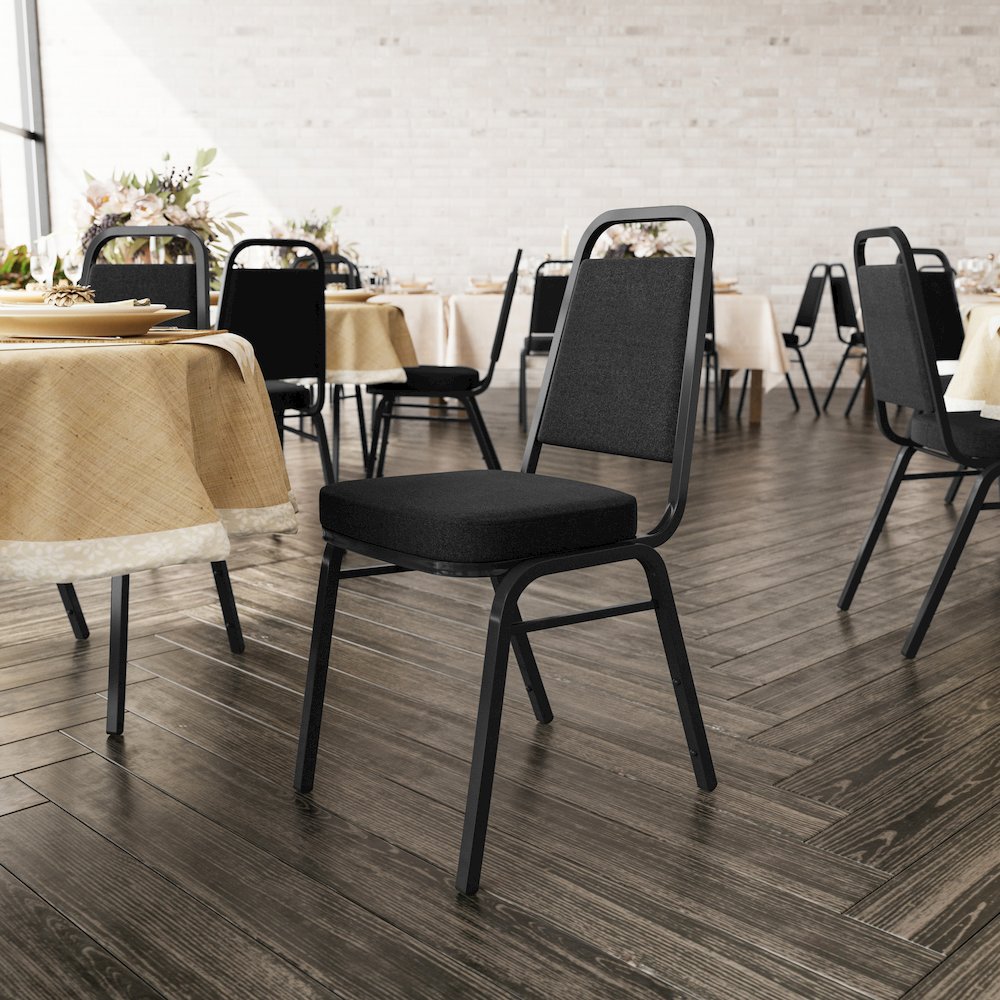 Trapezoidal Back Stacking Banquet Chair with Black Fabric, Black Frame. Picture 3