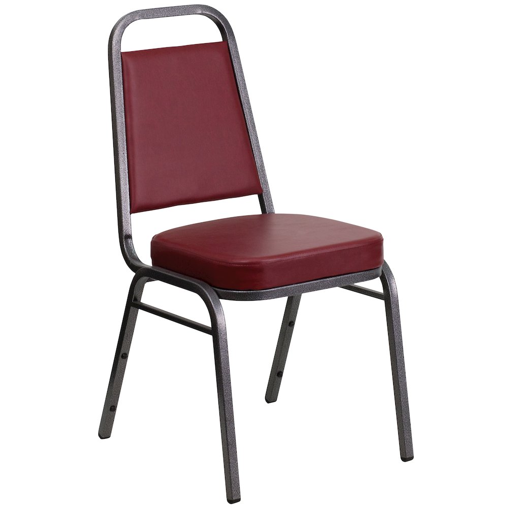Trapezoidal Back Stacking Banquet Chair in Burgundy Vinyl - Silver Vein Frame. Picture 1