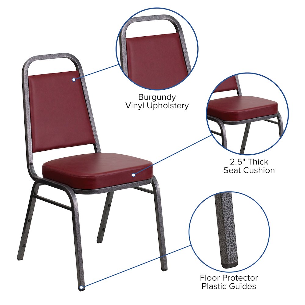 Trapezoidal Back Stacking Banquet Chair in Burgundy Vinyl - Silver Vein Frame. Picture 5