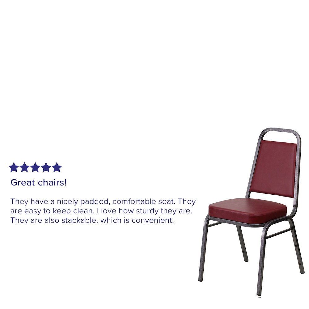 Trapezoidal Back Stacking Banquet Chair in Burgundy Vinyl - Silver Vein Frame. Picture 4