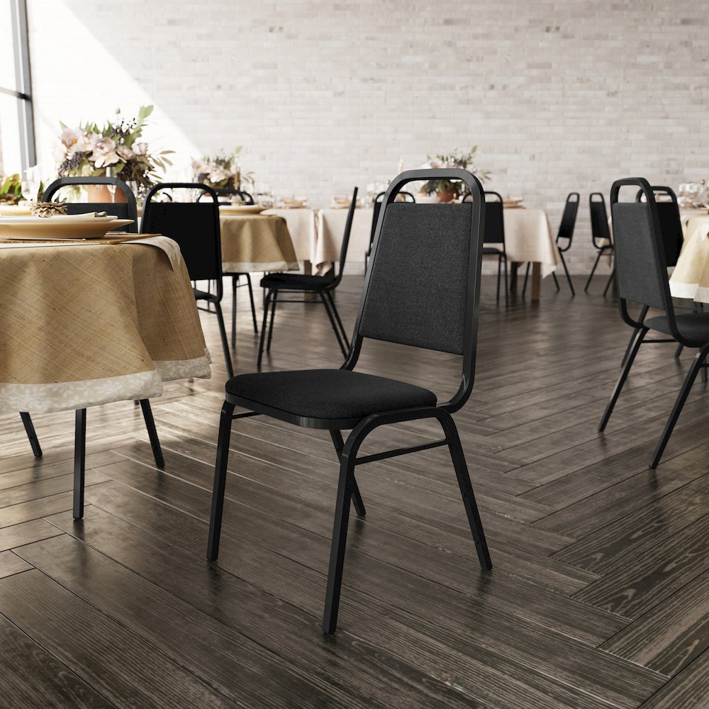 Trapezoidal Back Stacking Banquet Chair in Black Fabric - Black Frame. Picture 3