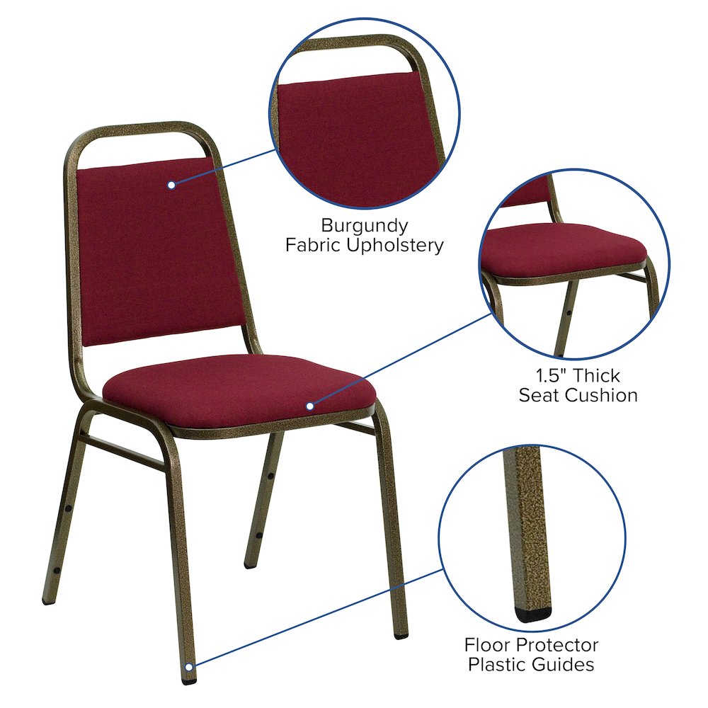 Trapezoidal Back Stacking Banquet Chair in Burgundy Fabric - Gold Vein Frame. Picture 6