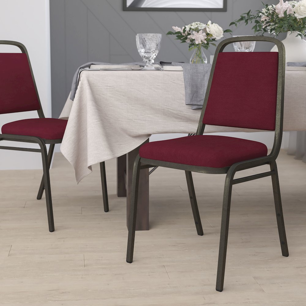Trapezoidal Back Stacking Banquet Chair in Burgundy Fabric - Gold Vein Frame. Picture 9