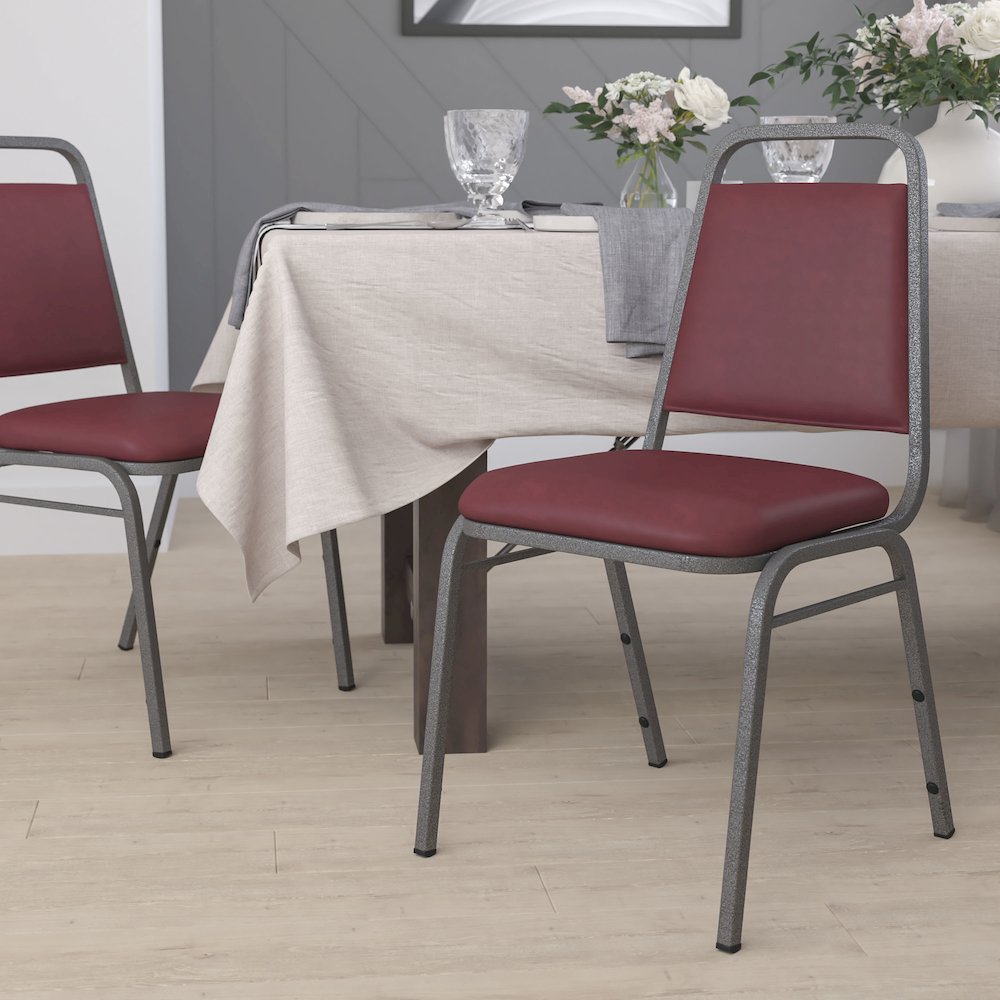 Trapezoidal Back Stacking Banquet Chair in Burgundy Vinyl - Silver Vein Frame. Picture 2