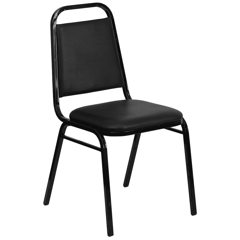 Trapezoidal Back Stacking Banquet Chair in Black Vinyl - Black Frame with 1.5" Thick Seat. Picture 1