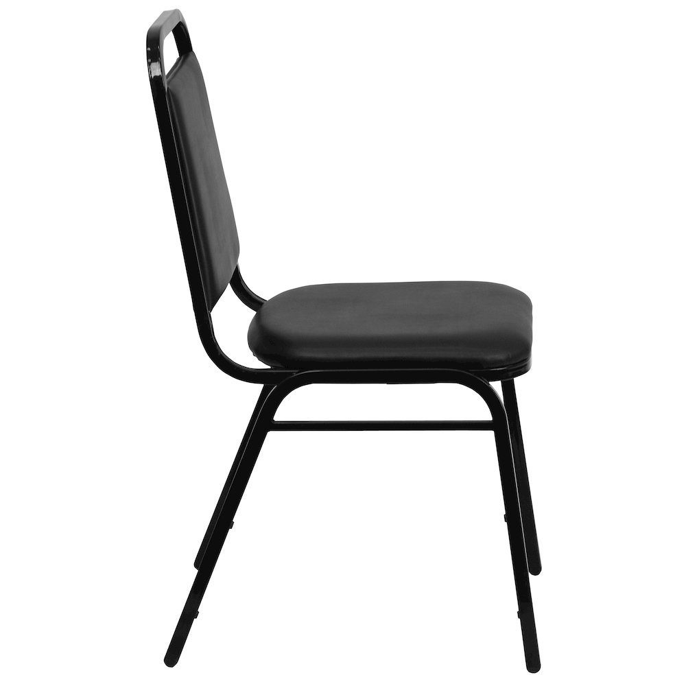 Trapezoidal Back Stacking Banquet Chair in Black Vinyl - Black Frame with 1.5" Thick Seat. Picture 3