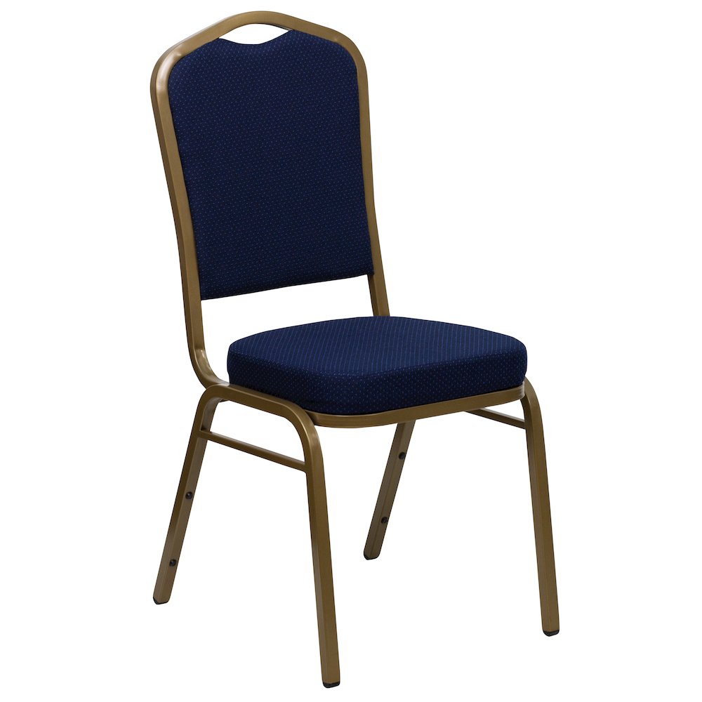 Crown Back Stacking Banquet Chair in Navy Blue Patterned Fabric - Gold Frame. Picture 1