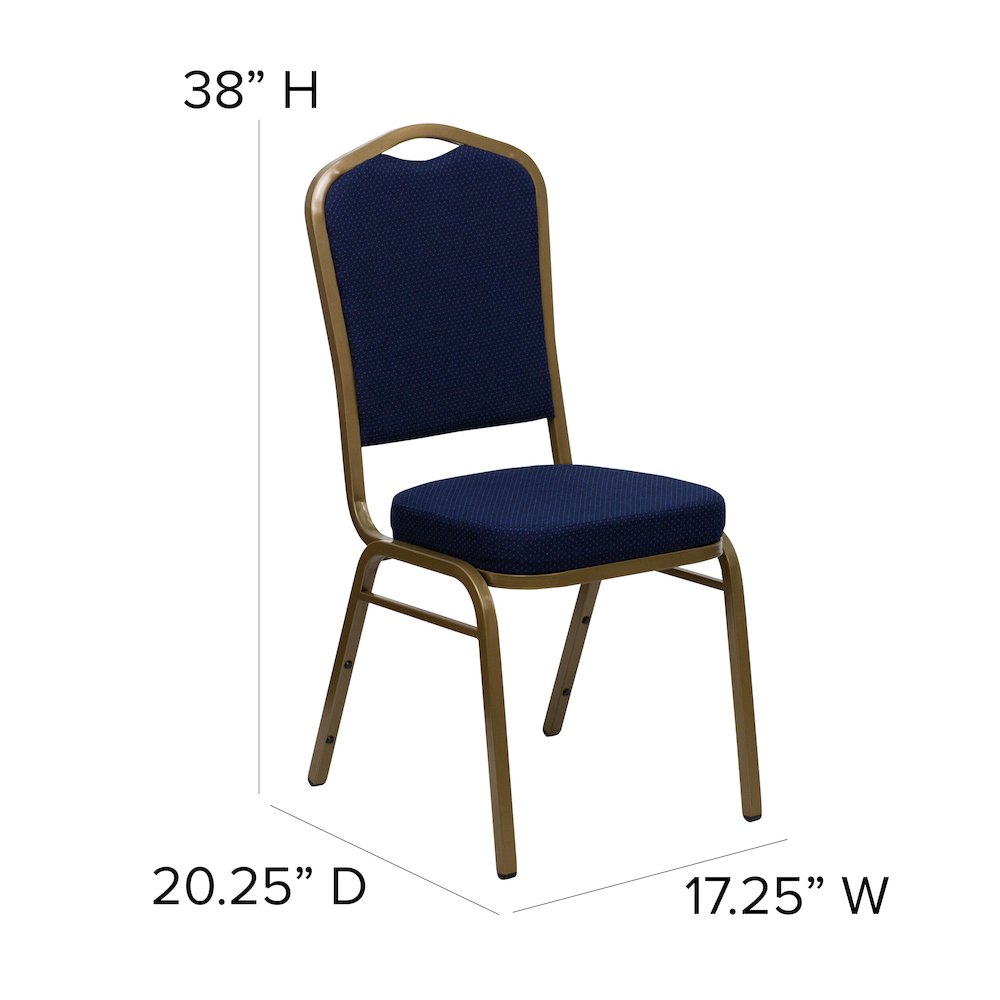 Crown Back Stacking Banquet Chair in Navy Blue Patterned Fabric - Gold Frame. Picture 6