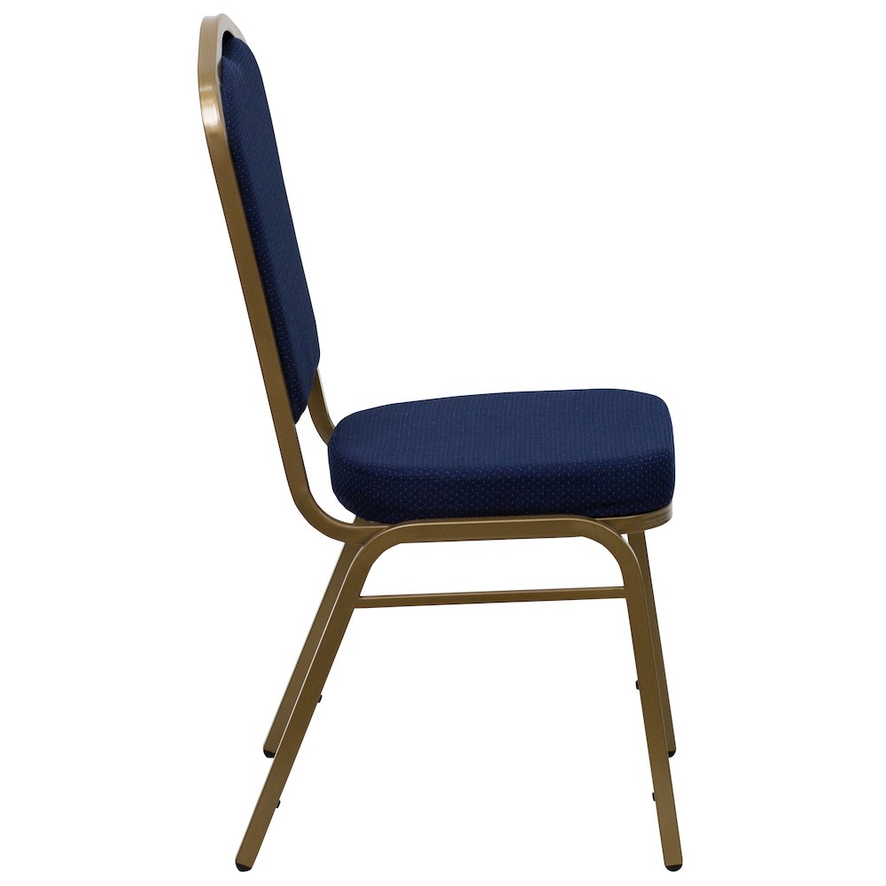 Crown Back Stacking Banquet Chair in Navy Blue Patterned Fabric - Gold Frame. Picture 9
