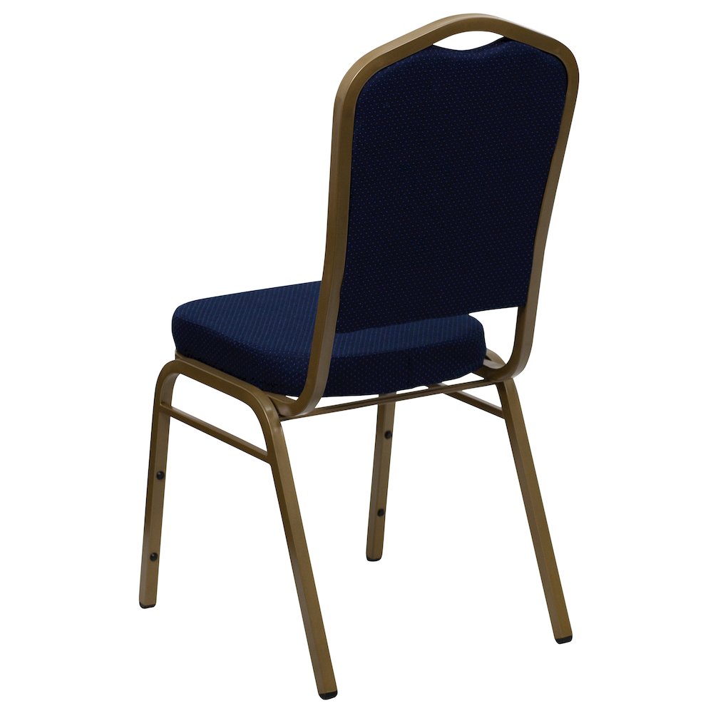 Crown Back Stacking Banquet Chair in Navy Blue Patterned Fabric - Gold Frame. Picture 7