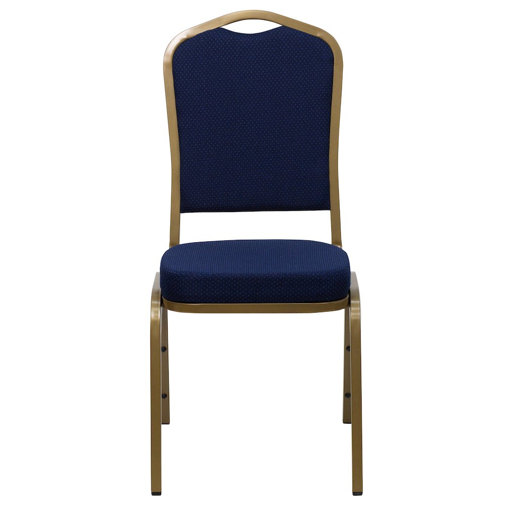 Crown Back Stacking Banquet Chair in Navy Blue Patterned Fabric - Gold Frame. Picture 10