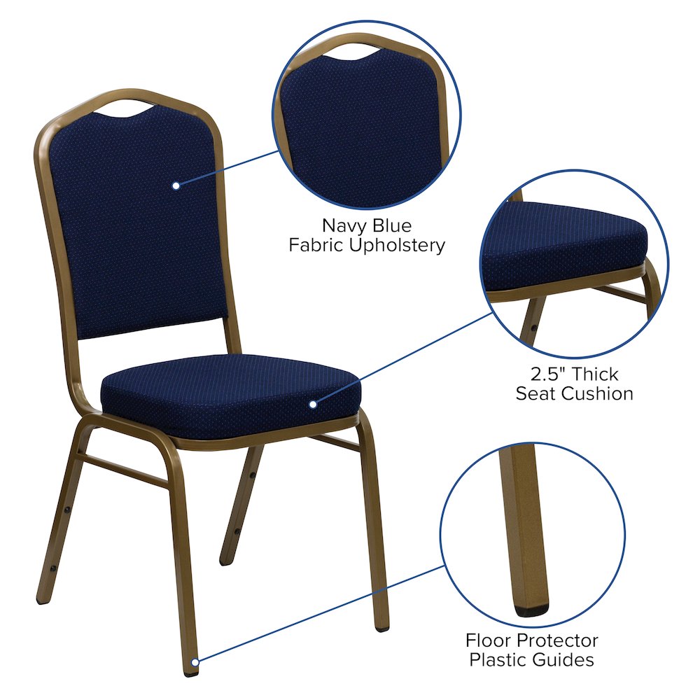 Crown Back Stacking Banquet Chair in Navy Blue Patterned Fabric - Gold Frame. Picture 5
