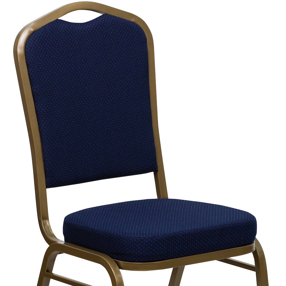 Crown Back Stacking Banquet Chair in Navy Blue Patterned Fabric - Gold Frame. Picture 11