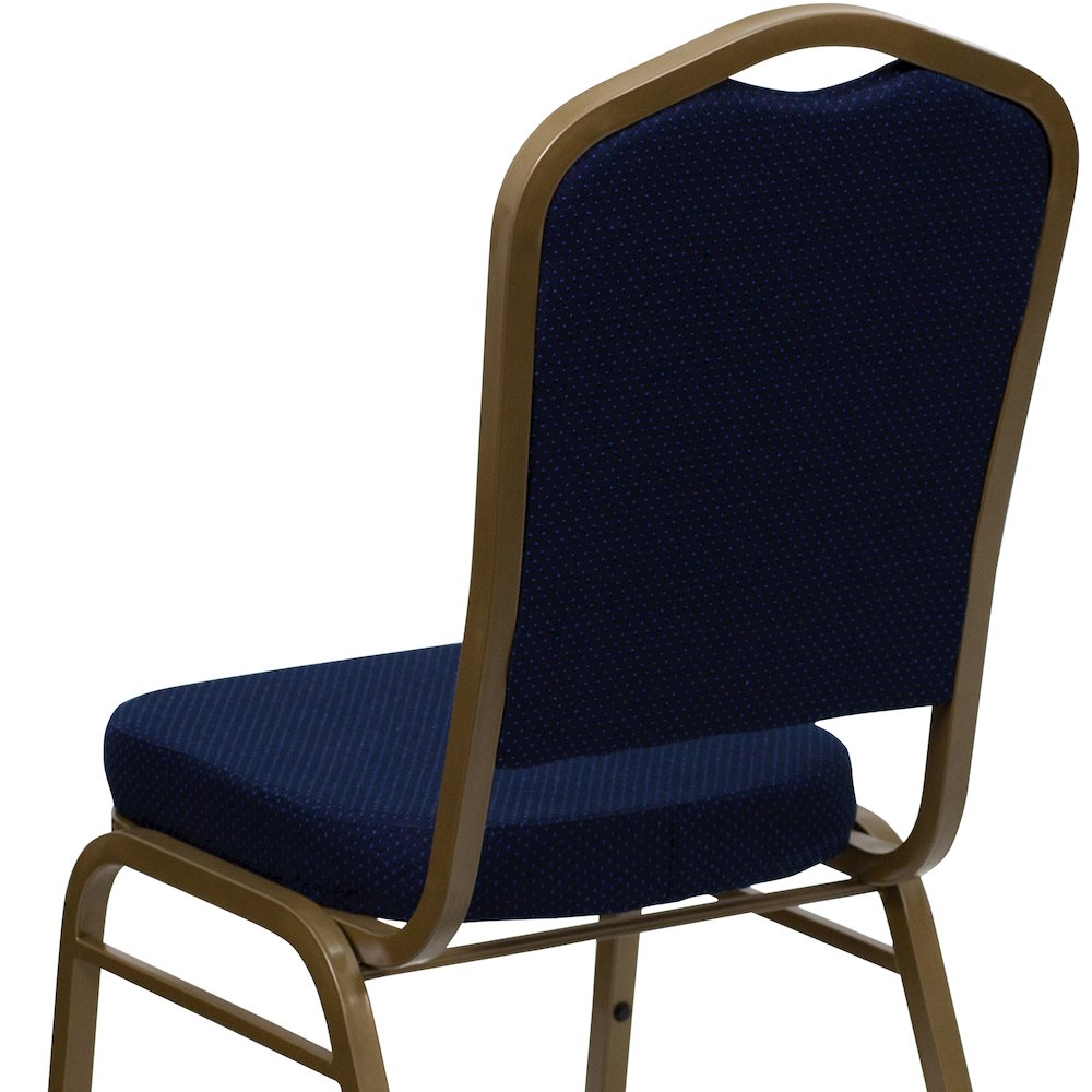 Crown Back Stacking Banquet Chair in Navy Blue Patterned Fabric - Gold Frame. Picture 12