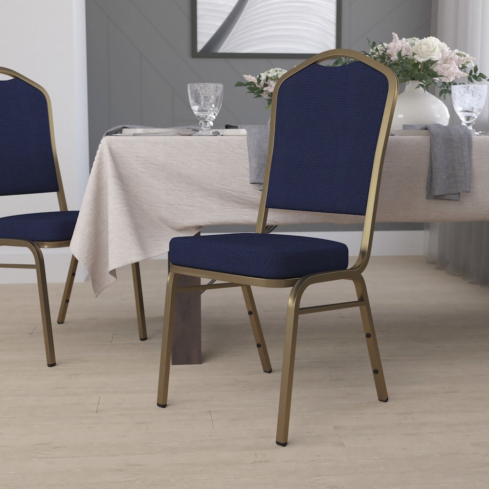 Crown Back Stacking Banquet Chair in Navy Blue Patterned Fabric - Gold Frame. Picture 2