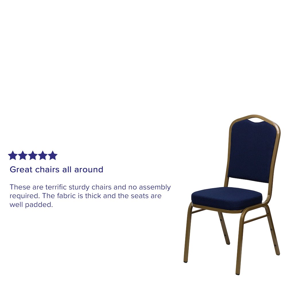 Crown Back Stacking Banquet Chair in Navy Blue Patterned Fabric - Gold Frame. Picture 4
