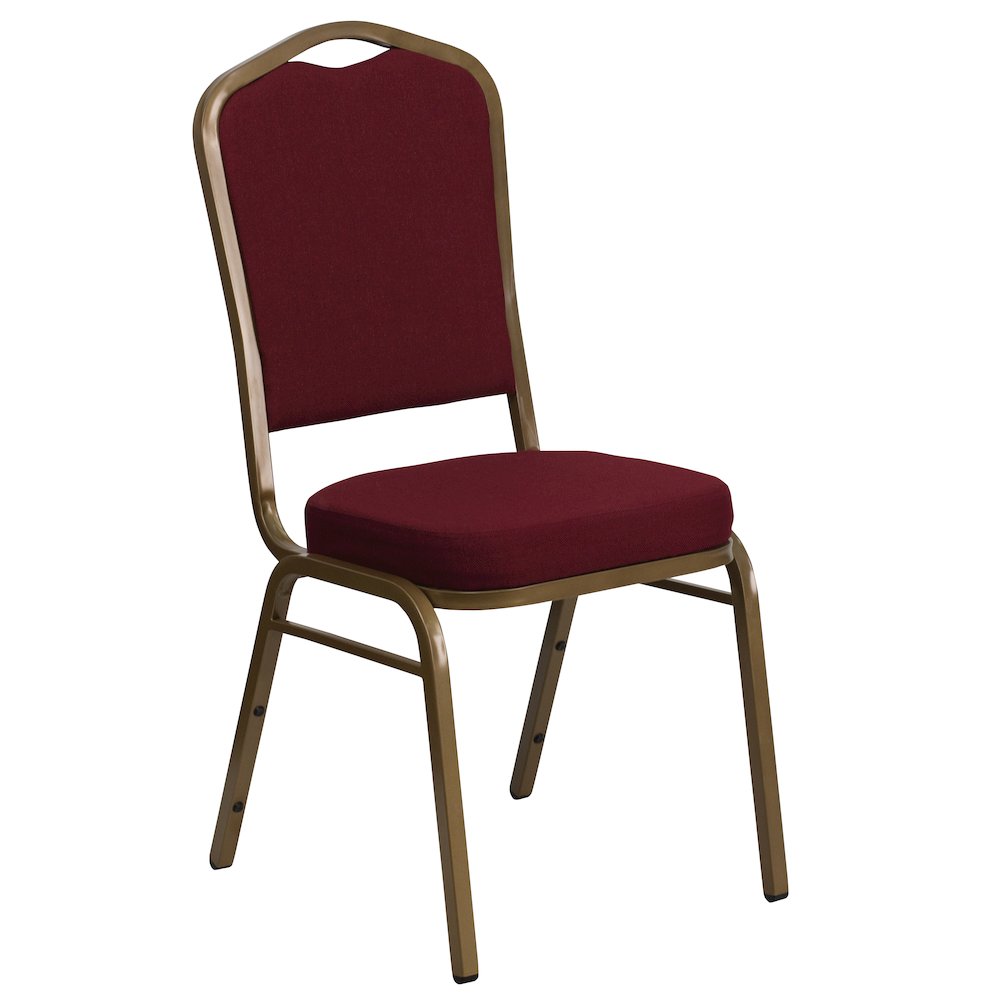 Crown Back Stacking Banquet Chair in Burgundy Fabric - Gold Frame. Picture 1