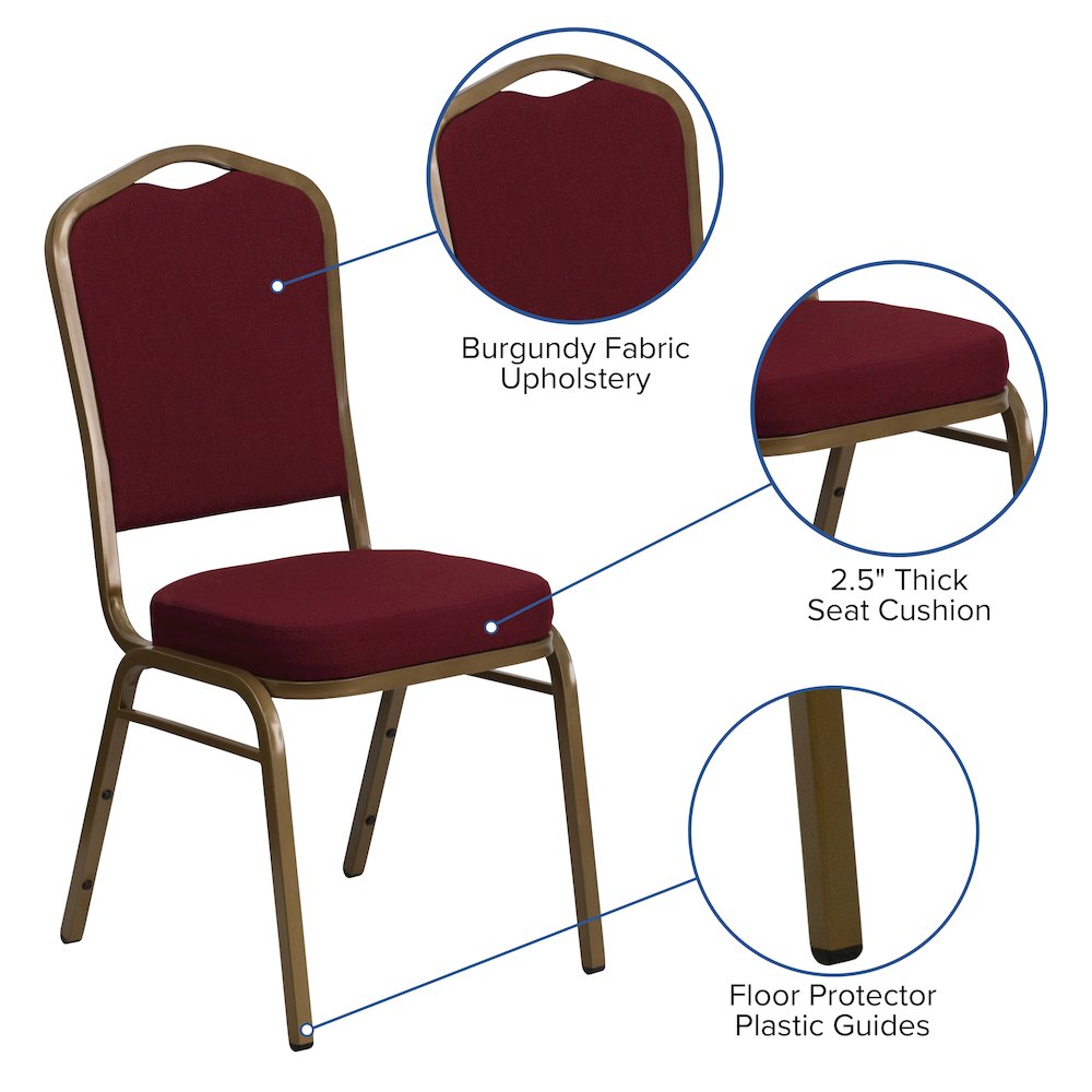 Crown Back Stacking Banquet Chair in Burgundy Fabric - Gold Frame. Picture 4