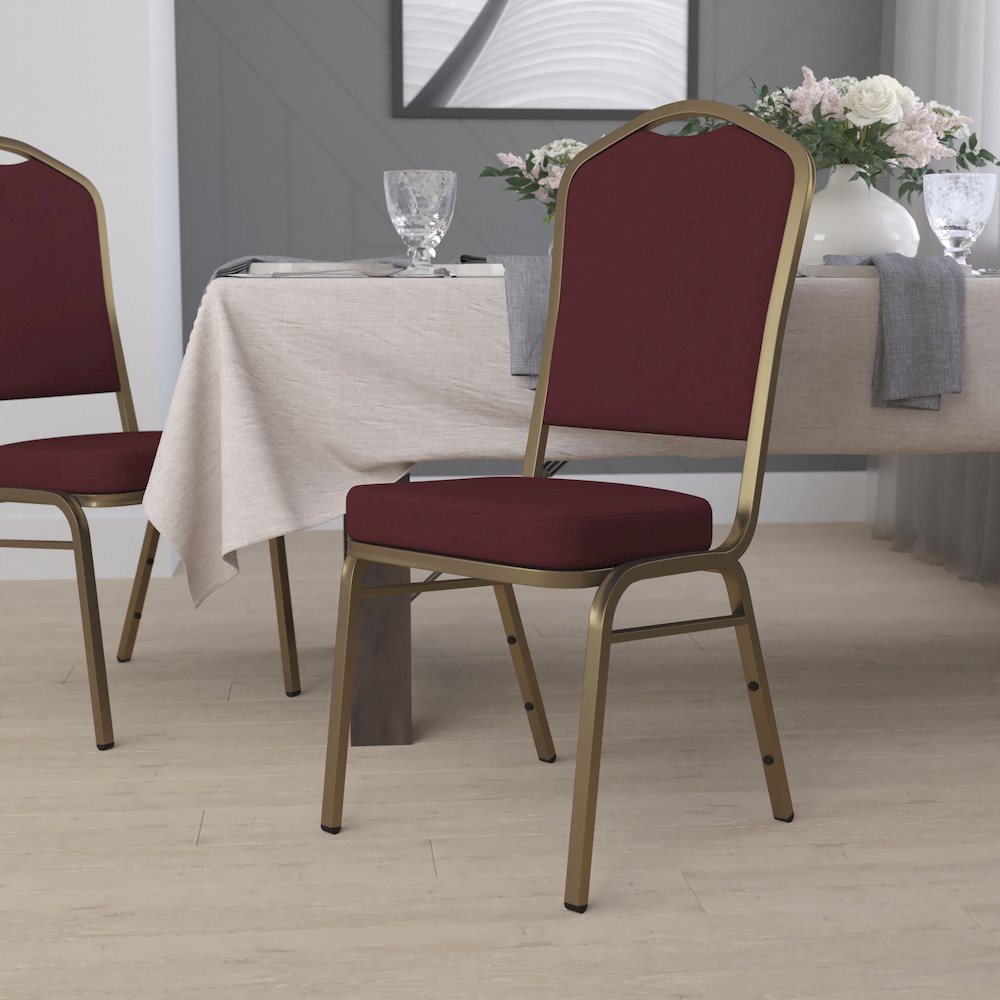 Crown Back Stacking Banquet Chair in Burgundy Fabric - Gold Frame. Picture 2