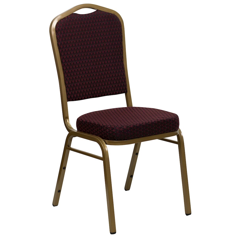 Crown Back Stacking Banquet Chair in Burgundy Patterned Fabric - Gold Frame. Picture 1