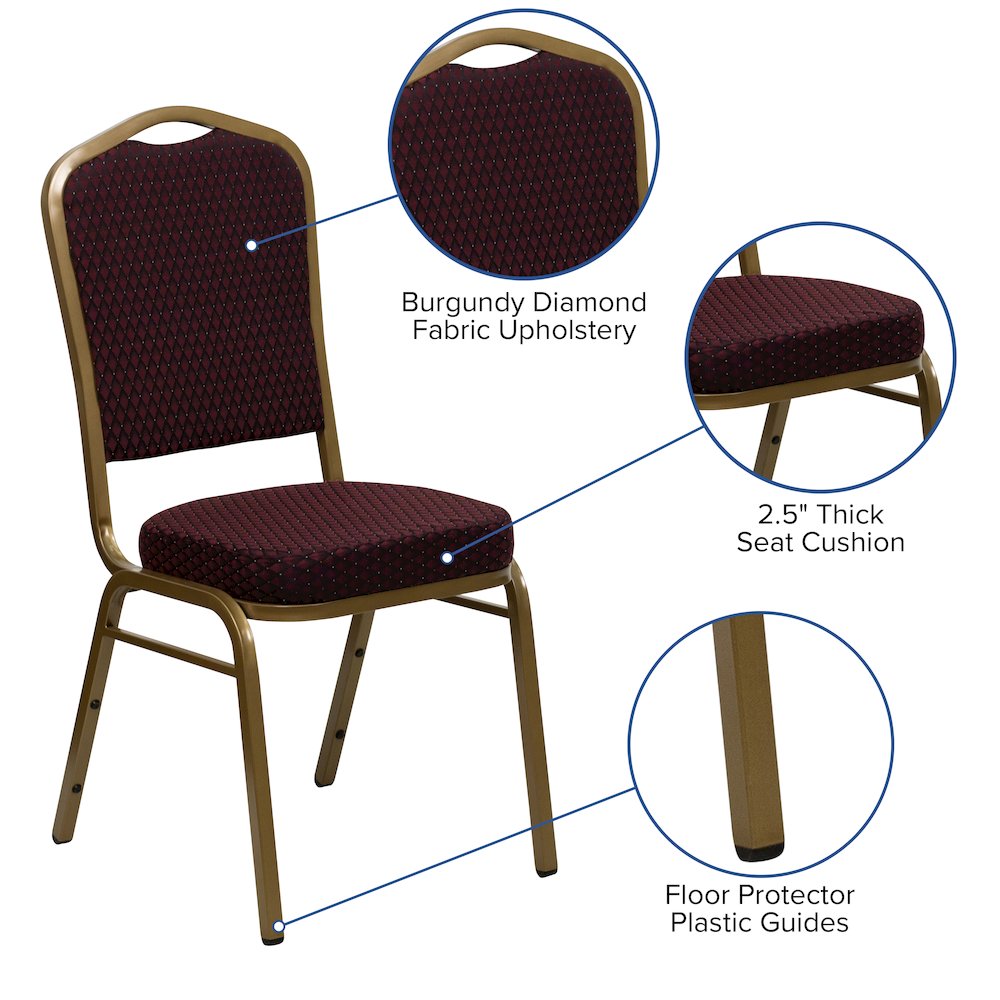 Crown Back Stacking Banquet Chair in Burgundy Patterned Fabric - Gold Frame. Picture 4