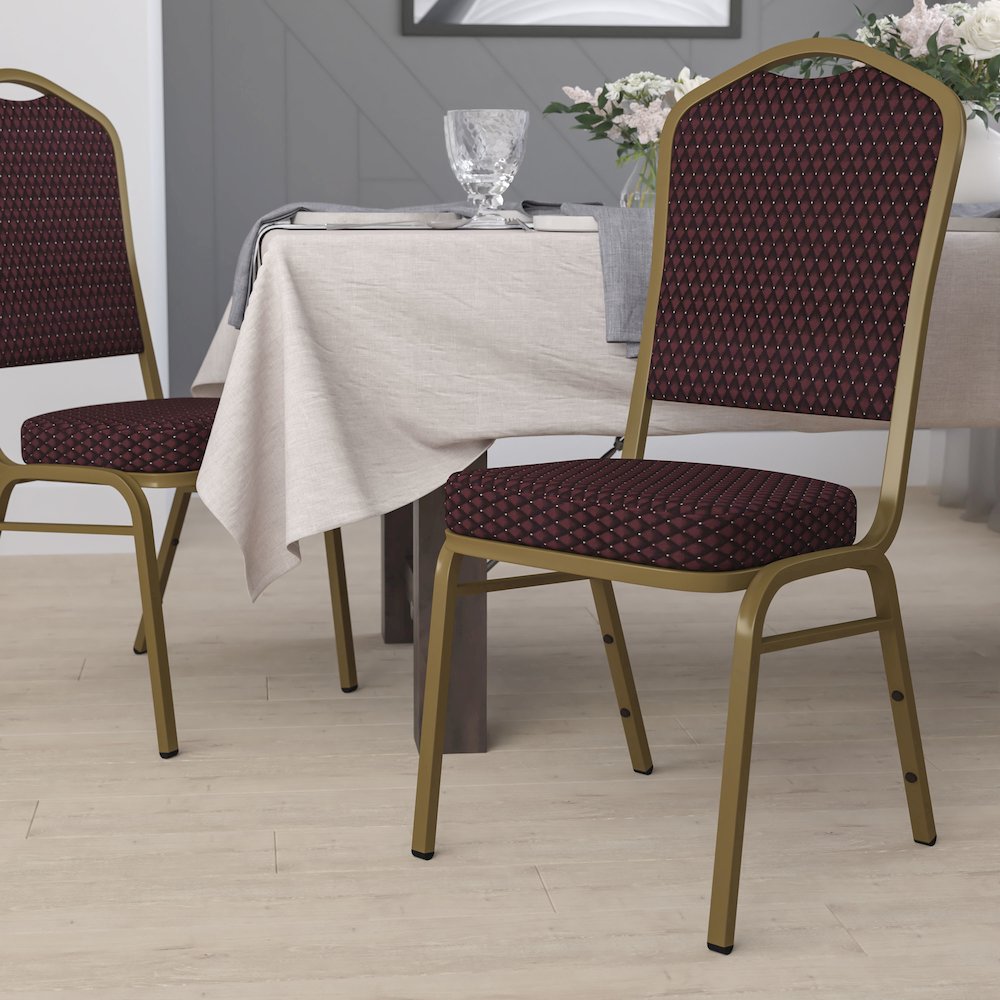 Crown Back Stacking Banquet Chair in Burgundy Patterned Fabric - Gold Frame. Picture 2