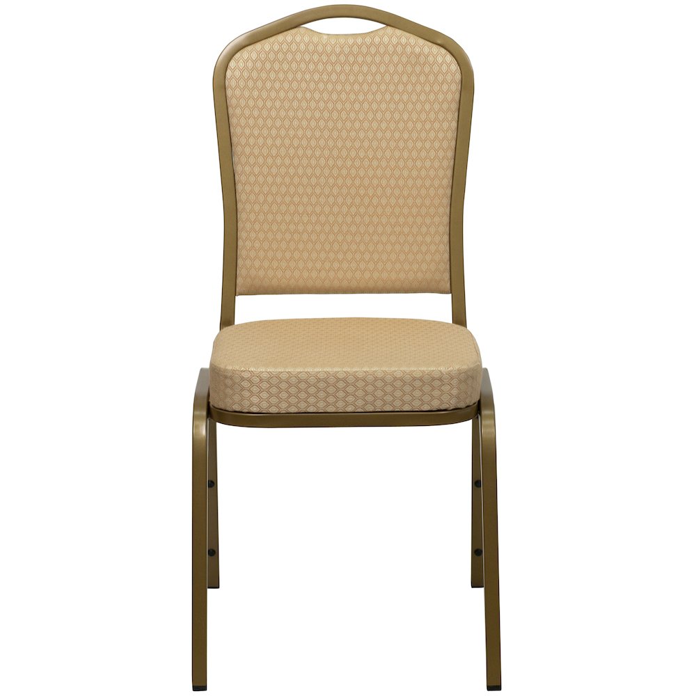 Crown Back Stacking Banquet Chair in Beige Patterned Fabric - Gold Frame. Picture 10