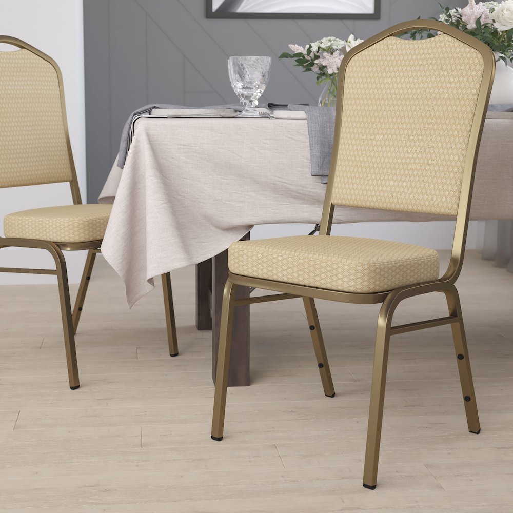 Crown Back Stacking Banquet Chair in Beige Patterned Fabric - Gold Frame. Picture 2