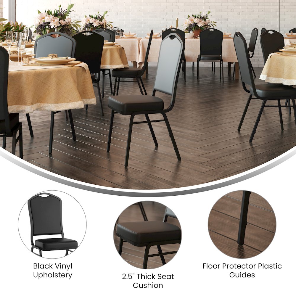 HERCULES Series Crown Back Stacking Banquet Chair in Black Vinyl - Black Frame. Picture 4