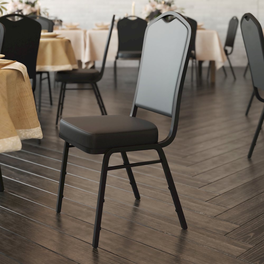HERCULES Series Crown Back Stacking Banquet Chair in Black Vinyl - Black Frame. Picture 3
