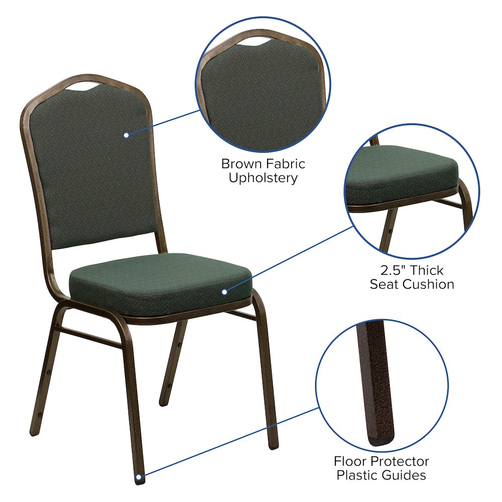 Crown Back Stacking Banquet Chair in Green Patterned Fabric - Gold Vein Frame. Picture 4