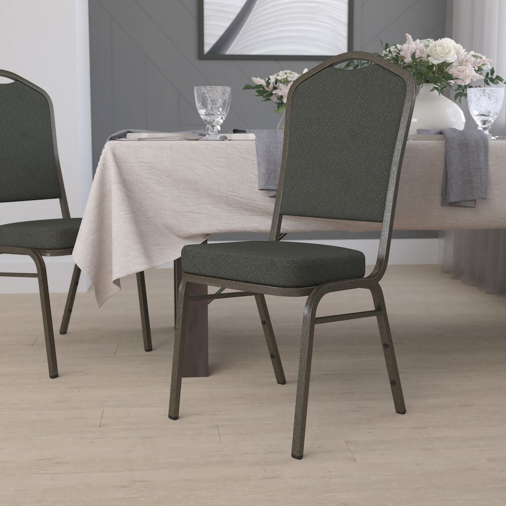 Crown Back Stacking Banquet Chair in Green Patterned Fabric - Gold Vein Frame. Picture 2