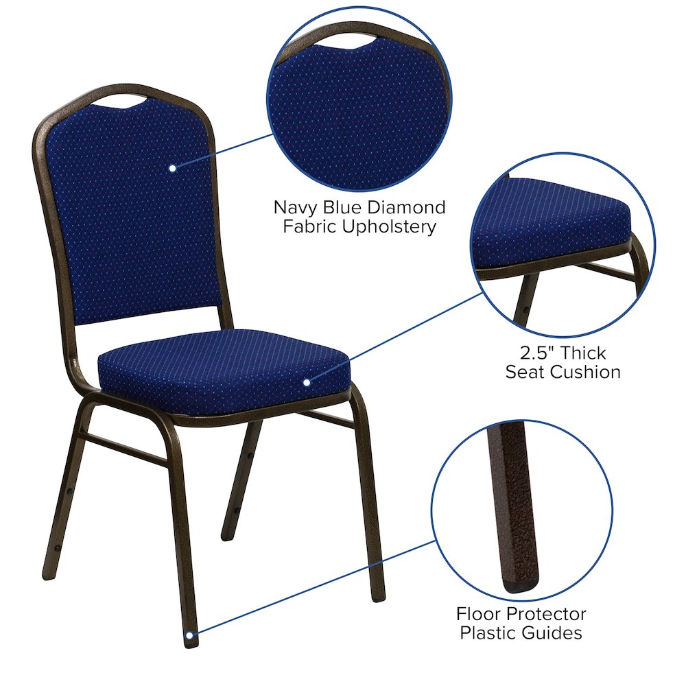 Crown Back Stacking Banquet Chair in Navy Blue Fabric - Gold Vein Frame. Picture 5