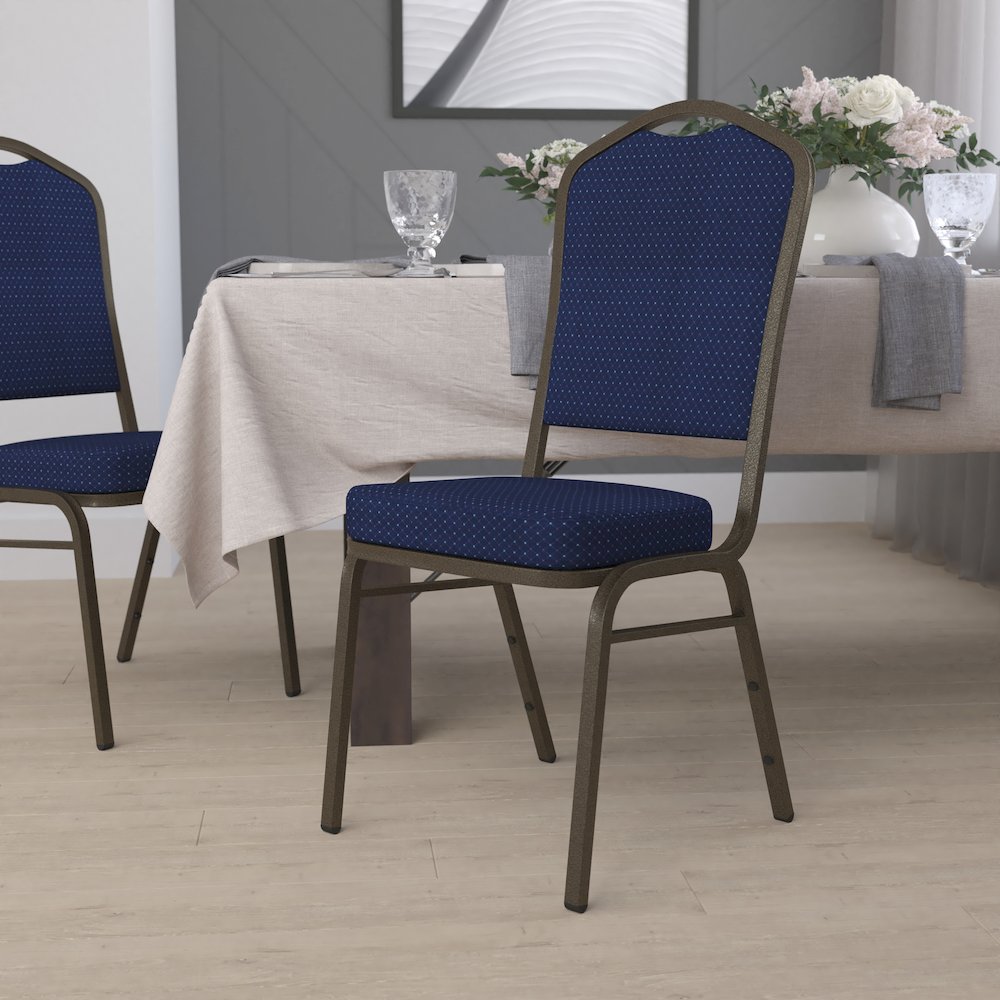 Crown Back Stacking Banquet Chair in Navy Blue Fabric - Gold Vein Frame. Picture 2