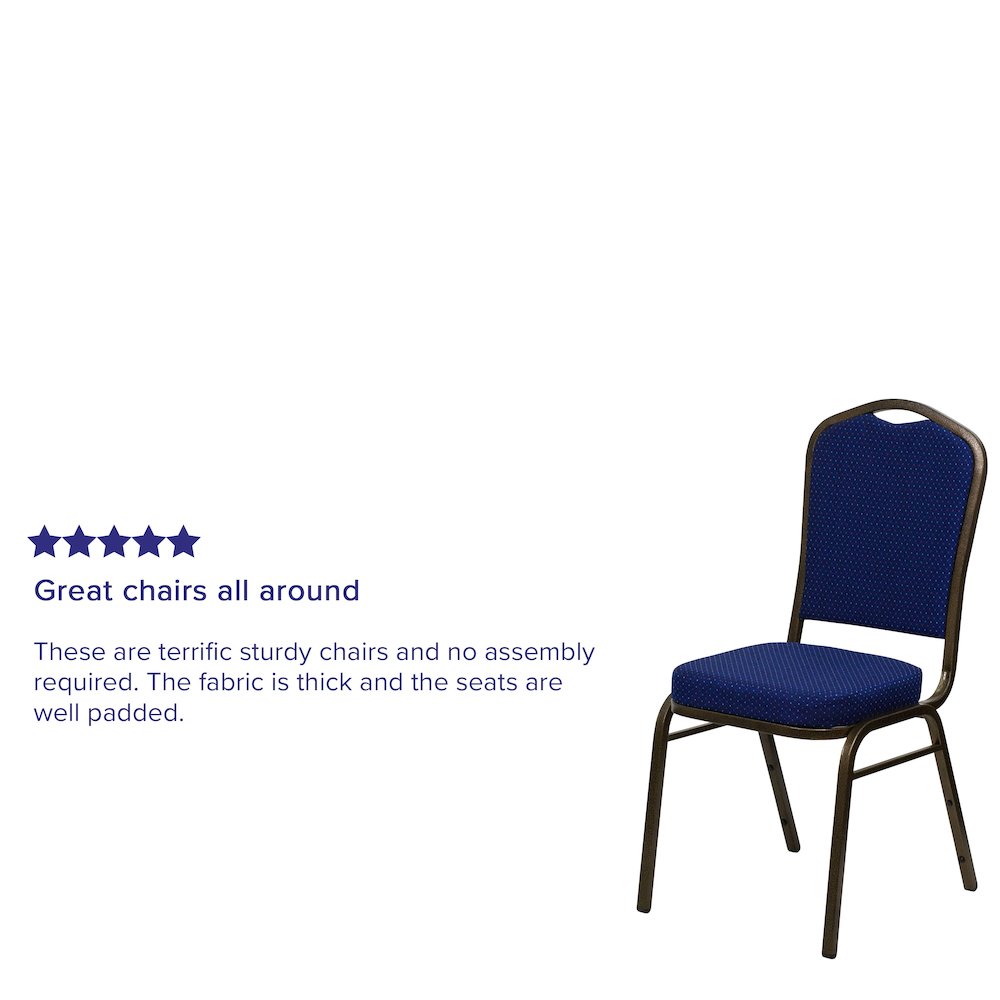 Crown Back Stacking Banquet Chair in Navy Blue Fabric - Gold Vein Frame. Picture 4