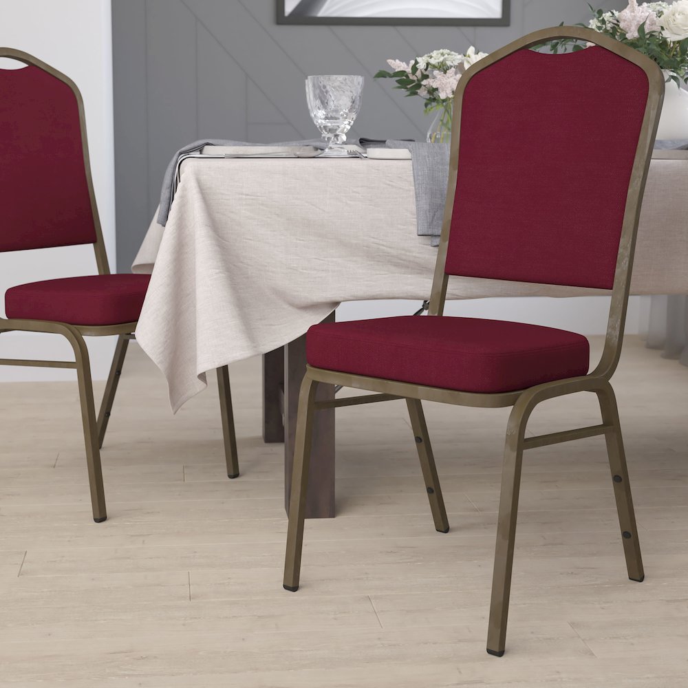 Crown Back Stacking Banquet Chair in Burgundy Fabric - Gold Vein Frame. Picture 9